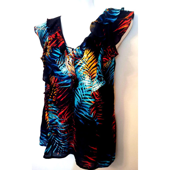 NWT Worthington Women Size S Multicolor Palm Black Tropical Print Ruffle Top - Picture 3 of 8